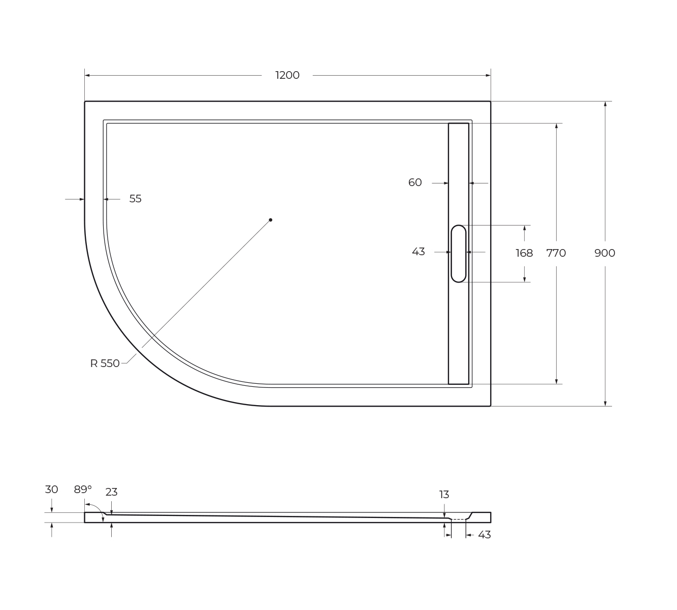 TRAY-AS-RH-120/90-550-30-W-R 1200x900x30 CEZARES